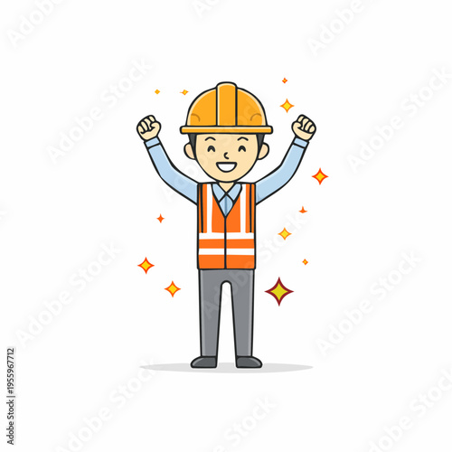 タスク完了を喜ぶ男性作業員のアイコン 施工完了と達成感