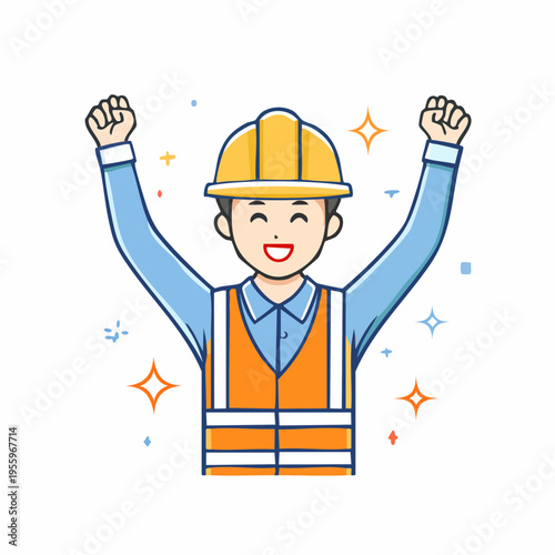 タスク完了を喜ぶ男性作業員のアイコン 施工完了と達成感