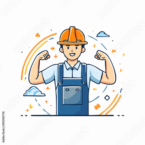 ガッツポーズでやる気のある男性作業員のアイコン 現場のモチベーションと体力