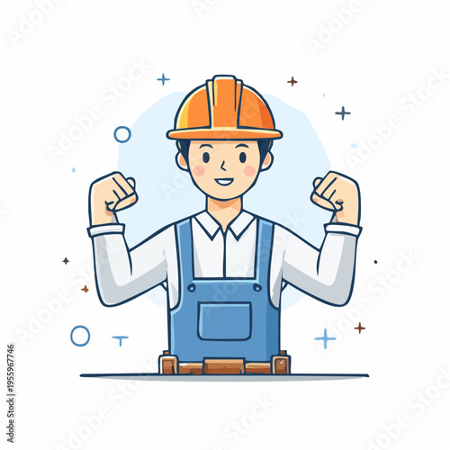 ガッツポーズでやる気のある男性作業員のアイコン 現場のモチベーションと体力