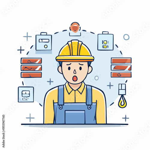 機械トラブルに驚く男性作業員のアイコン 工場の事故や緊急事態