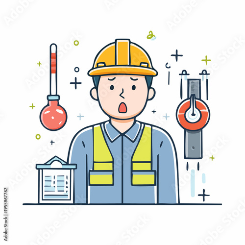 機械トラブルに驚く男性作業員のアイコン 工場の事故や緊急事態