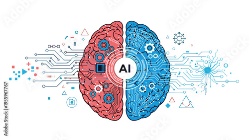 Detailed illustration of a human brain split between biological and digital sides with circuitry and gears representing artificial intelligence.