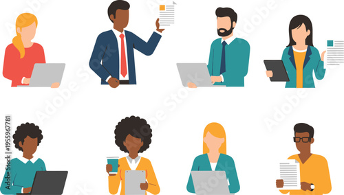 Diverse office workers using laptops and documents at workplace