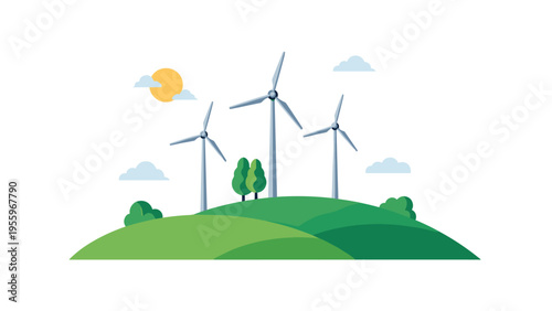 Large wind turbines standing on a green hill under a bright sun representing sustainable and renewable energy production.