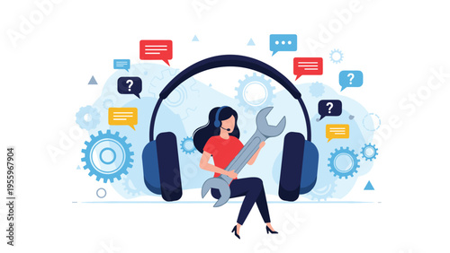 Female technician with a headset holding a large wrench surrounded by chat bubbles and gears representing technical support.