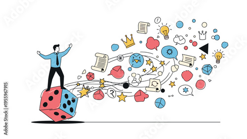 Businessman standing on a large dice while various ideas, icons, and documents emerge representing strategy and risk management.