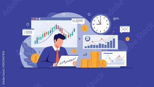 Professional trader working on a laptop while surrounded by complex financial charts, coins, and a clock for market analysis.