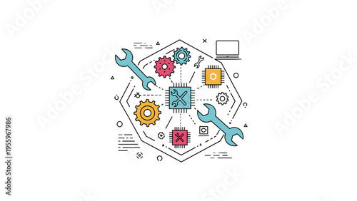 Hexagonal frame containing various mechanical tools, gears, and microchips representing integrated technical maintenance and repair services.