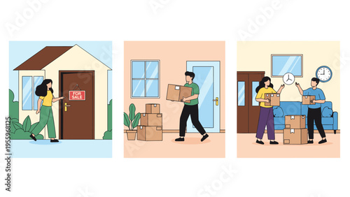 Moving into a new home narrative showing house hunting, packing cardboard boxes, and settling into a new living room with furniture.