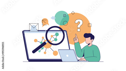 Data analysis and research process featuring a person using a laptop to investigate network connections with a magnifying glass and question.