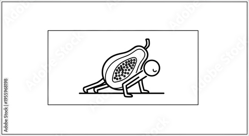 Funny papaya character doing yoga plank pose, healthy lifestyle concept