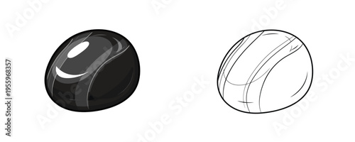 Polished black onyx gemstone vector illustrations shown in colored cartoon and black outline linear styles, deep jet black hues with subtle greyish bands, representing smooth chalcedony on white backg