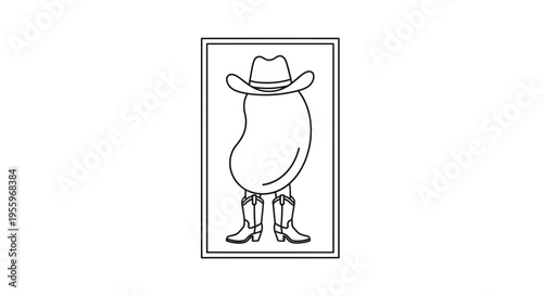 Funny Bean Character Wearing Cowboy Hat and Boots, Outline Drawing