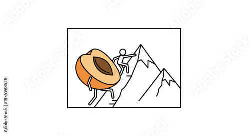 Abstract Concept: Person Climbing Mountain with Giant Apricot Rolling Down