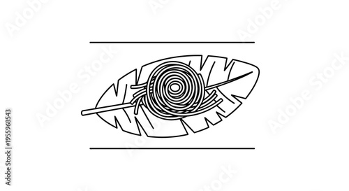 Abstract Line Art: Swirl of Noodles on a Leaf with Stick