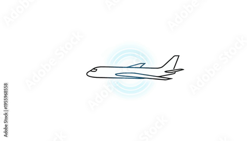 Airplane flying with radiating signal waves, concept of air travel and communication