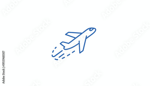 Airplane taking off, travel concept, blue line art on white background