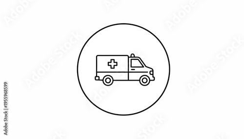 Ambulance icon in a circle, emergency medical service vehicle, healthcare symbol
