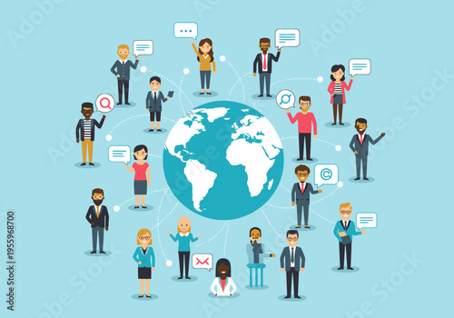 Diverse people communicating around the world map