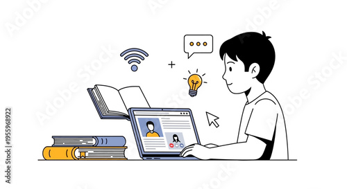 Boy Using Laptop With Books Nearby.