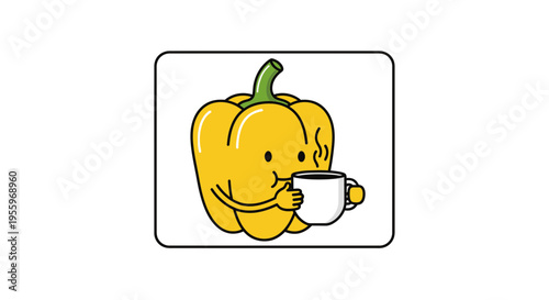 Cute Yellow Bell Pepper Character Holding Coffee Cup, Funny Food Illustration