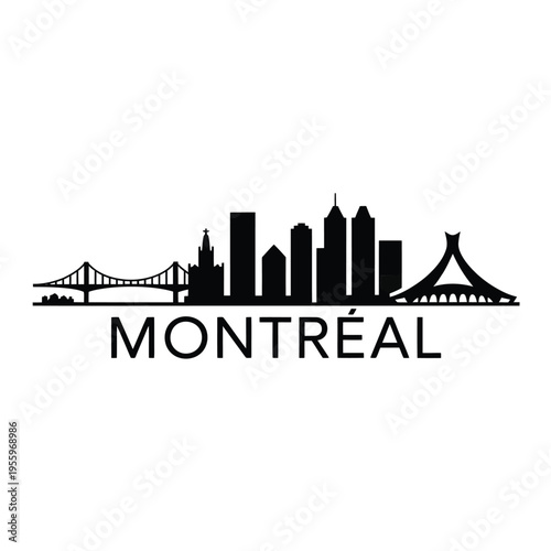 Montreal skyline silhouette with prominent Jacques Cartier Bridge and Olympic Stadium