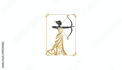 Elegant Archer Woman Silhouette in Golden Dress with Bow and Arrow, Zodiac Sagittarius Symbol