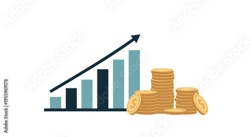 Coins with growing bar graph chart.