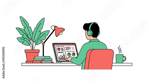 Man wearing green headphones sitting.