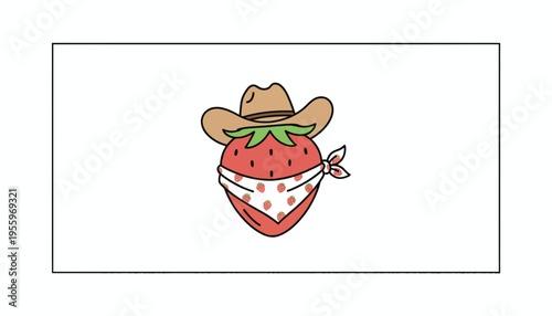 Cute Strawberry Cowboy with Cowboy Hat and Bandana, Whimsical Fruit Character