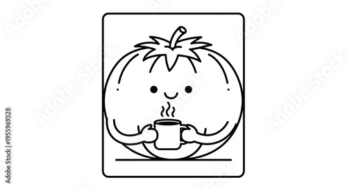 Cute Tomato Character Holding a Hot Coffee Mug, Kawaii Style