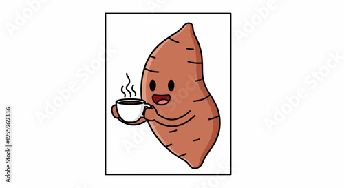 Cute Sweet Potato Character Holding a Hot Coffee Cup, Kawaii Food Illustration