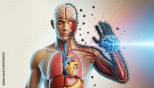 Wallpaper Mural The Human Body's Battle: A dynamic illustration depicting the intricate interplay of the human body and disease, showcasing the internal organs and the fight against illness. Torontodigital.ca