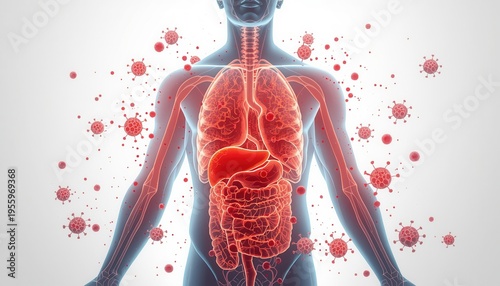 Wallpaper Mural Human Anatomy and Pathogens: A detailed view of the human body's intricate systems, showing the spread of invading pathogens. Torontodigital.ca