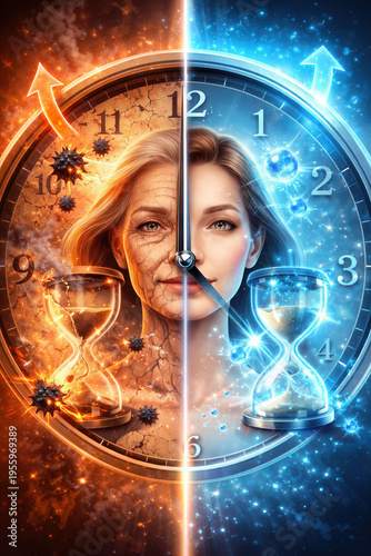 Wallpaper Mural A Tale of Time's Passage: A captivating composition depicting the contrasting facets of time, age, and renewal, with a portrait bisected to portray the dualities of youth and age. Torontodigital.ca