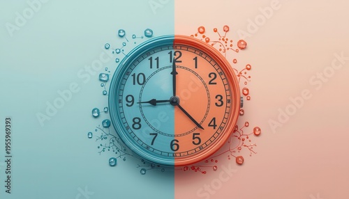 Wallpaper Mural Time's Dual Essence: A striking clock face is bisected with shades of blue and orange. Torontodigital.ca