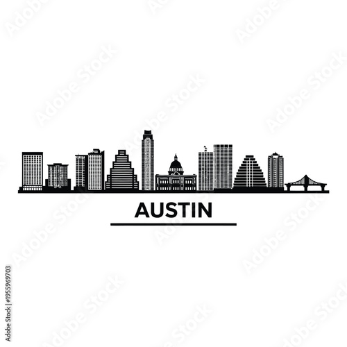 Black and white skyline illustration of austin texas with city name