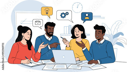 Diverse team discussing ideas around a laptop in meeting