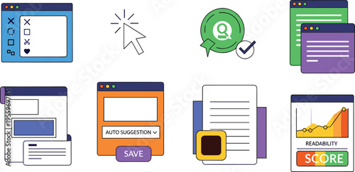 Content Editing and User Interface Icon Set with Checklist, Auto Suggestion, Save Button, Readability Score and Web Application Elements Vector Illustration