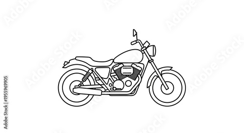 Classic motorcycle line art illustration. Vintage cruiser bike drawing isolated, two-wheeled vehicle outline icon design.