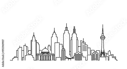Minimalist black and white city skyline line art illustration. Modern urban cityscape with various architectural buildings and skyscrapers.