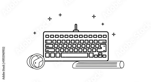 Minimalist black line art computer keyboard, mouse, and mouse pad icon illustration. Digital technology workspace concept.