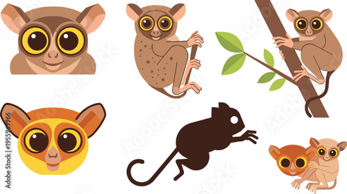 Cute Tarsier Monkey Set with Big Eyes, Different Poses and Expressions, Tropical Nocturnal Primate Collection with Branch and Silhouette Vector Illustration