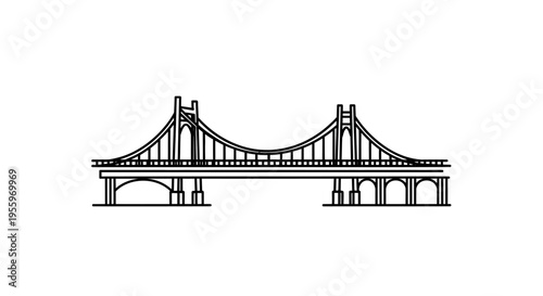 Simple black line drawing of a generic suspension bridge, isolated vector icon for infrastructure, connectivity, and travel design.
