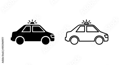 Minimalist police car icon set: solid black and outline vector illustration for law enforcement