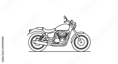 Classic Cruiser Motorcycle Line Art Illustration. Detailed Side View Outline Drawing of a Vintage Bike on Isolated White Background.