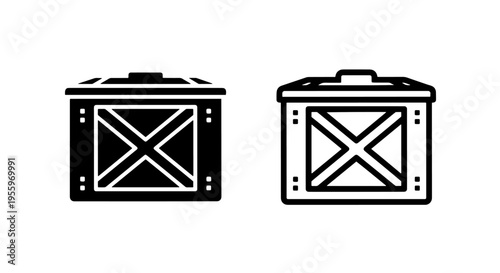 Shipping crate icon set: solid black and outline vector illustration for cargo and storage