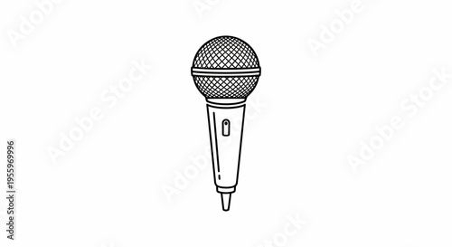 Detailed handheld microphone line art illustration. Classic audio device, vintage style. Black and white graphic icon for sound.