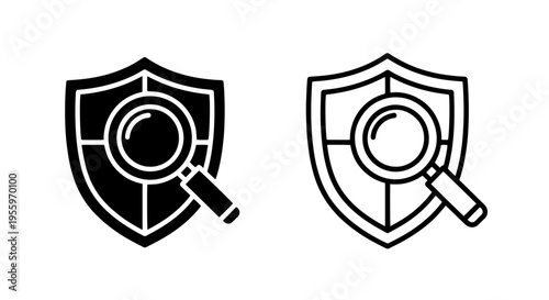 Network security shield with magnifying glass icon for threat analysis and system scan